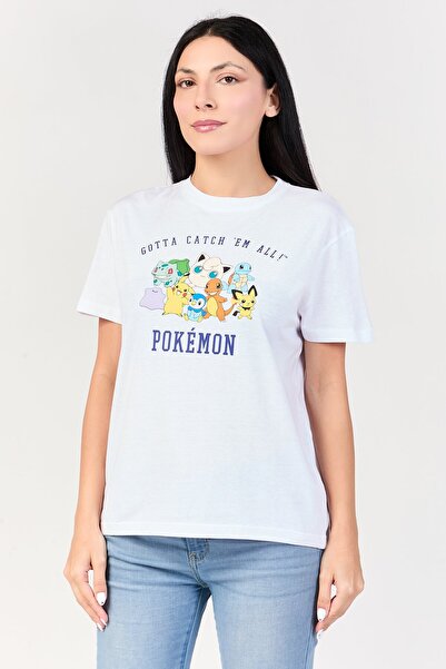 Undiz x Pokemen Women Crew Neck Short Sleeve Graphic Print T-Shirt, White