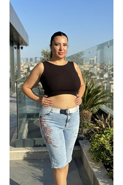 Trieste Plus Size Belted High Waist Floral Stone Printed Ripped Hem Detailed ...