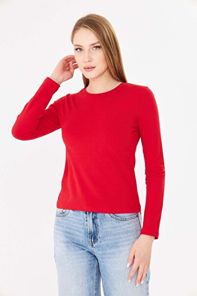 Sortie Bluză de damă, roșie, din bumbac, cu mânecă lungă, cu decolteu tip bic...