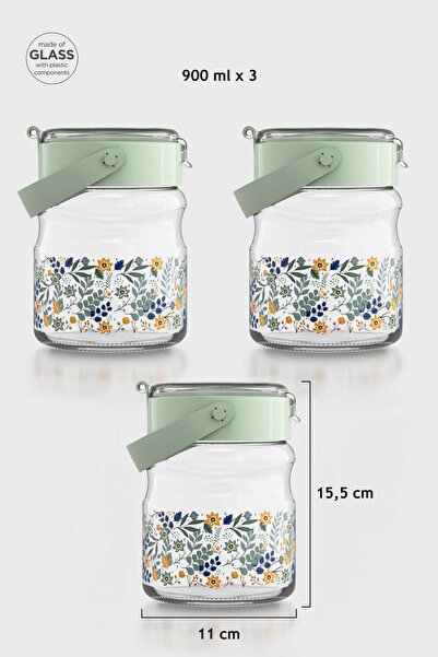 Renga Mono 900 ml Flower Patterned 3-Piece Glass Jar Set 132065 Green