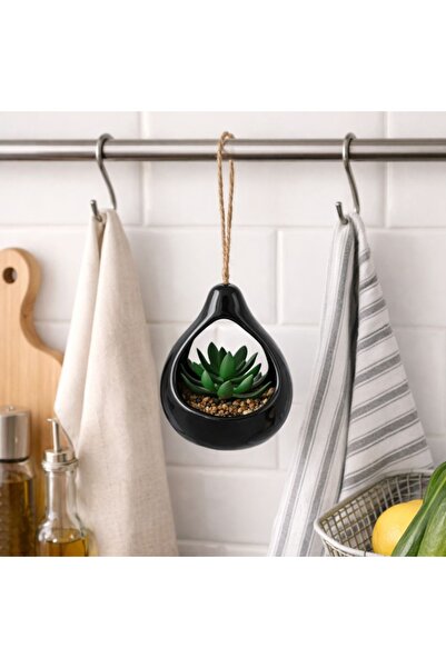 Koopman Plantă suculentă artificială, în suport ceramic negru în formă de lac...