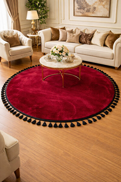 HALISHOP MÜHÜR 36 BORDO Yuvarlak Kaymaz Dokuma Taban Soft Oturma Odası Salon ...