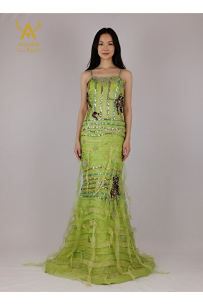 Asiana فستان غصن -فستان سهرة -فستان تفاحي-فستان اخضر فاتح -فستان مطرز