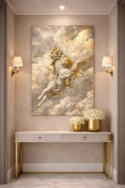EvimeTablo Gold & Gümüş Melek Figürlü Kanvas Tablo – Modern Salon Duvar Dekor...