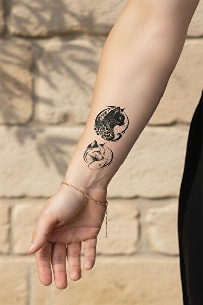 pivok Kedi Yin Yang Yarı Kalıcı Dövme / 1 Ay Kalıcı - Minimalist ve Hayvan Te...