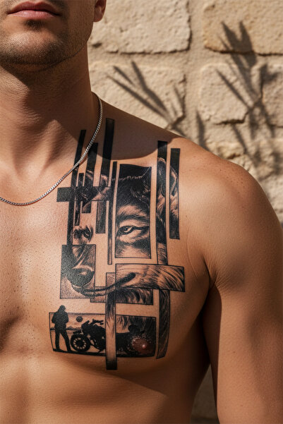 pivok Modern Geometrik Kurt ve Motosiklet Silüeti Detaylı Sanatsal Tattoo - Y...