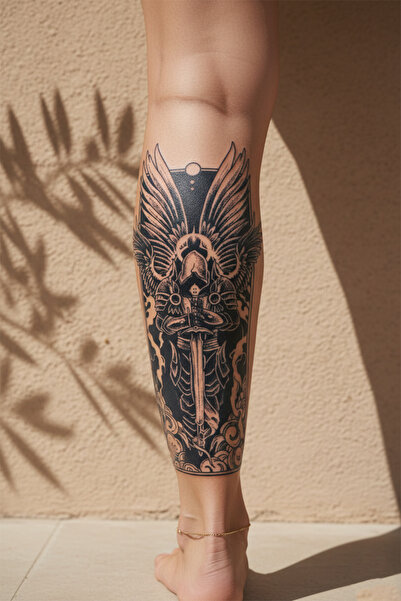 pivok Zırhlı Başmelek ve Kutsal Kılıç Detaylı Sanatsal Tattoo - Yarı Kalıcı /...