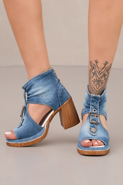 StarBlueMooN Women's Denim Sandals with Decorative Buckle Detail Medium High Heels