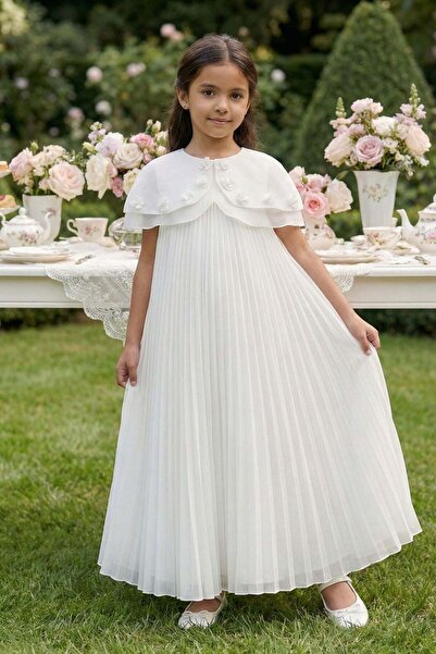 Pamina Момичешка плисирана макси рокля с подвижна пелерина, за 3-7 години, екрю