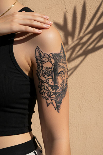 pivok Yarı Geometrik Yarı Gerçekçi Kurt Figürlü Sanatsal Tattoo - Yarı Kalıcı...