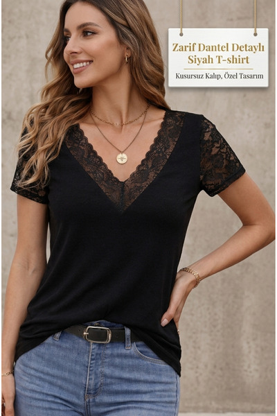 MODA Women's Black Lace Detailed V-Neck Short Sleeve Viscose Blouse