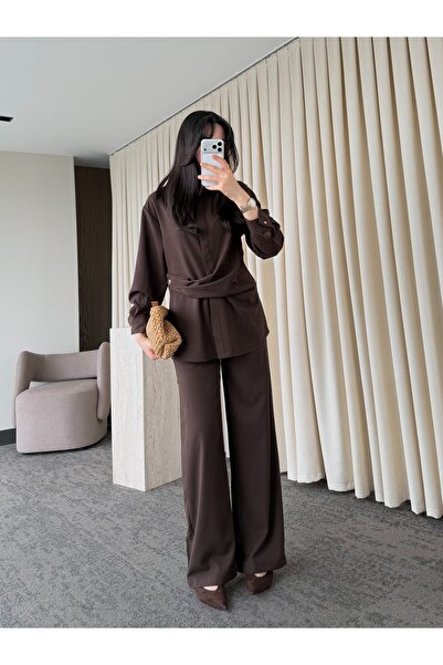 My Blog Brown Shirt and Trousers Set with Waist Accessories - 8856
