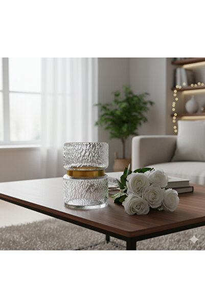 Adeem فازة زجاج شفاف بحزام ذهبى