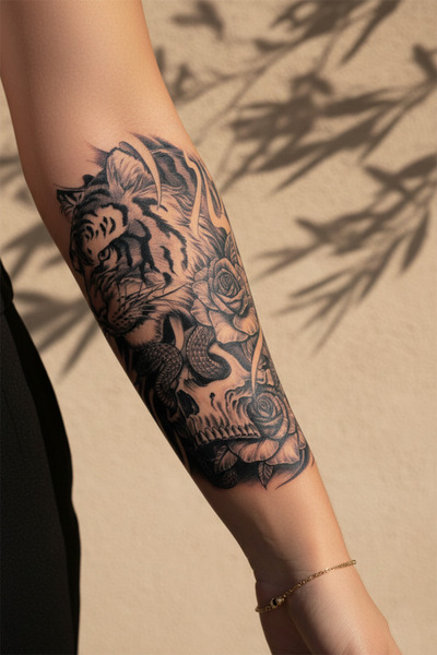 pivok Görkemli Kaplan, Kuru Kafa ve Yılan Detaylı Gotik Tattoo - Yarı Kalıcı ...