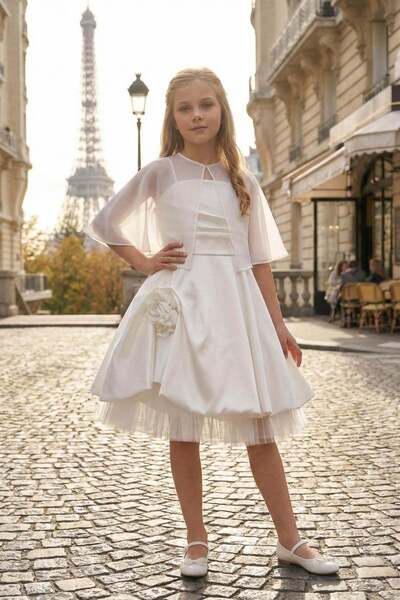 Pamina Rochie de petrecere din satin cu pelerină transparentă pentru fete, 8-...