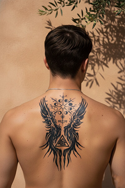 pivok Mistik Viking Rünleri ve Ay Evreli Kanatlı Sanatsal Tattoo - Yarı Kalıc...