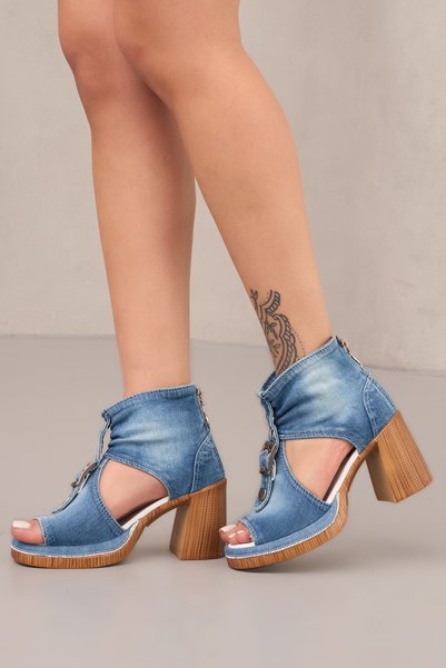 StarBlueMooN Women's Denim Sandals with Decorative Buckle Detail Medium High Heels