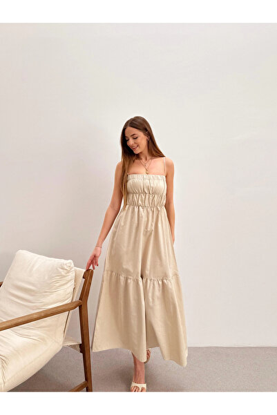 PROTO SUIT Μπεζ φόρεμα Gipeli χωρίς τιράντες με εμφάνιση στράπλες