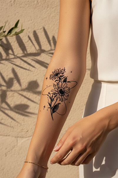 pivok Kozmik Ayçiçeği ve Yıldız Detaylı Sanatsal Floral Tattoo - Yarı Kalıcı ...