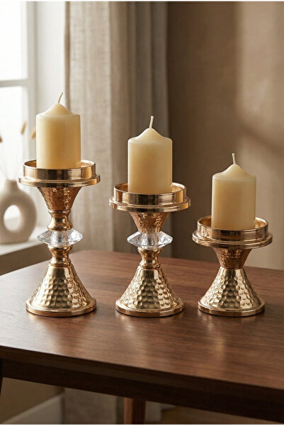 AKSESUAR EVRENİ Lundela Eskitme 3'lü Mumluk Dekoratif Şamdan Düz Taban Paslan...