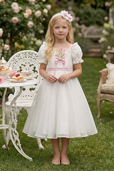 Pamina Rochie din tul brodat cu flori pentru fete, cu accesorii de păr, 3-7 a...