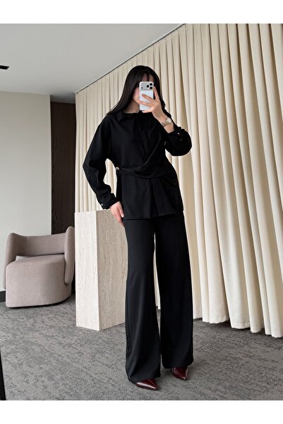 My Blog Μαύρο Σετ Πουκάμισο-Παντελόνι με Αξεσουάρ Μέσης - 8856