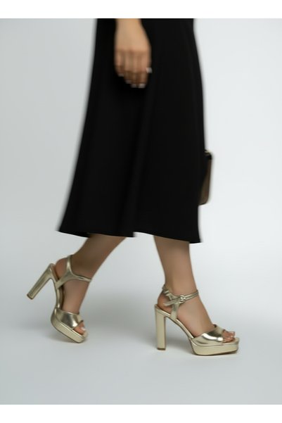 sanbara Gold Metallic Platform Heeled Sandals Single Strap Ankle Tie Evening Dress Shoes 10cm