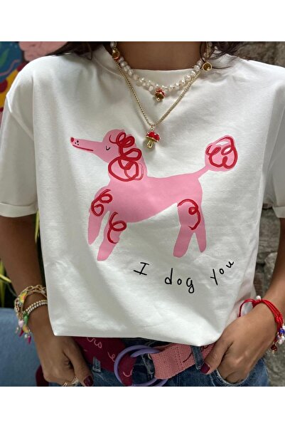 Gisha Tricou din bumbac alb cu imprimeu grafic drăguț Doodlr Dog pentru femei
