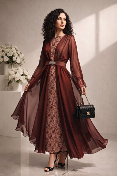 Stylish Fashion فستان من ستايلش فاشن تركي طويل عنابي من الشيفون والدانتيل وحز...