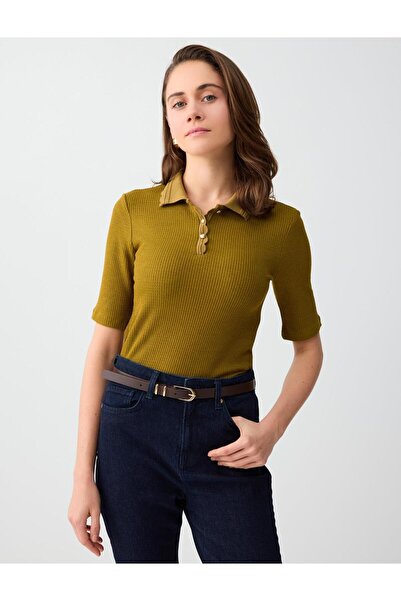 Jimmy Key Πλεκτή μπλούζα με κοντό μανίκι και λαιμόκοψη Yağ Yeşil