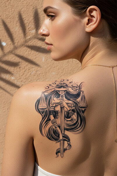 pivok Adalet Tanrıçası, Kılıç ve Terazi Detaylı Mistik Tattoo - Yarı Kalıcı /...