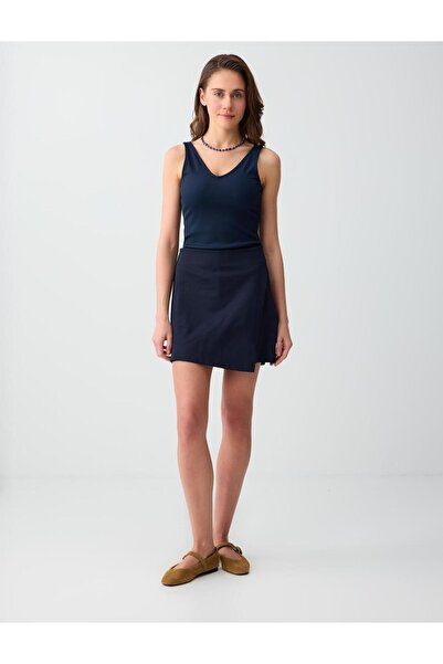 Jimmy Key Lacivert Düz Kesim Mini Örme Şort Etek
