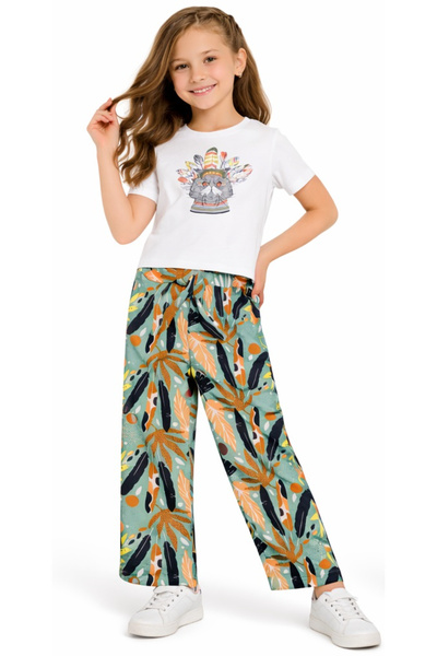 İrem Çocuk Giyim Girl's Cat Patterned Short (Crop) T-Shirt Green Color T-Shir...