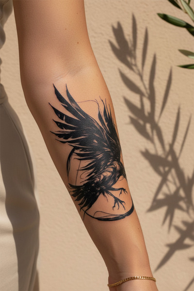 pivok Modern Sketch Stilinde Kuzgun ve Soyut Çizgili Sanatsal Tattoo - Yarı K...