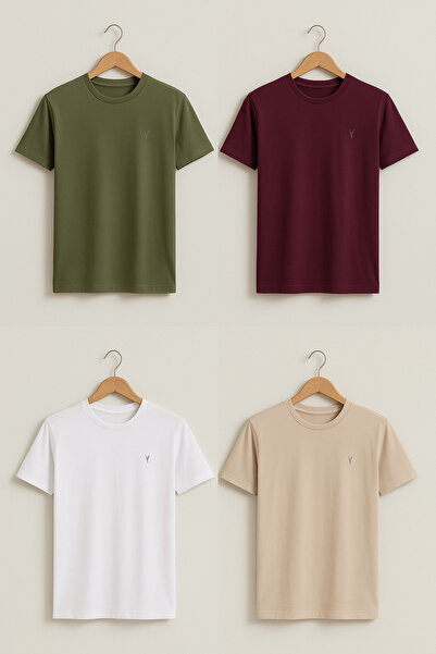 COMBİNE MİCHAİL Men's Crew Neck Comfortable Basic 4-Piece T-Shirt