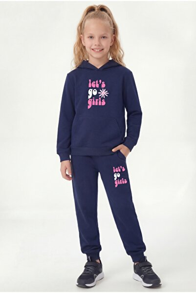 FYK COLLECTİON Lets Go Girl Print Detailed Kangaroo Pocket Hooded Girls' Trac...