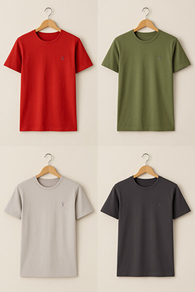 COMBİNE MİCHAİL Men's Crew Neck Comfortable Basic 4-Piece T-Shirt