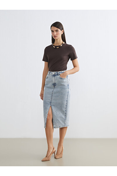 LC Waikiki Fustă din denim cu talie înaltă, croială slim și șliț