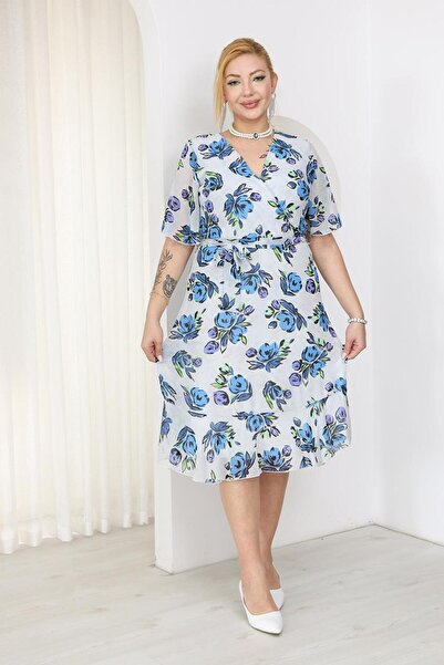 Siyezen Plus Size Double-Breasted Collar Lined Chiffon Dress
