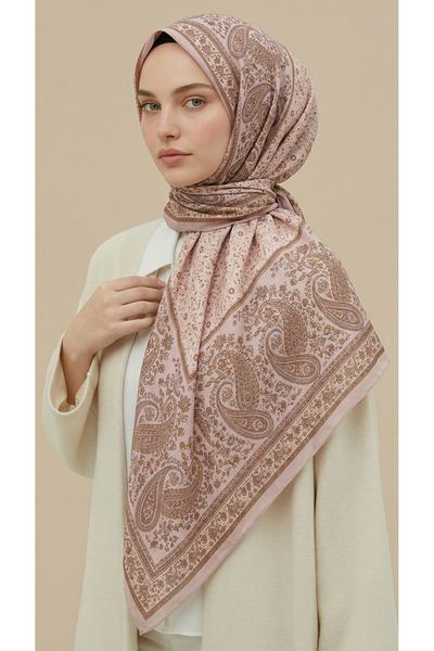 Karaca Ravena Patterned 120*120 cm Silk Chiffon Shawl - Salmon / Cream