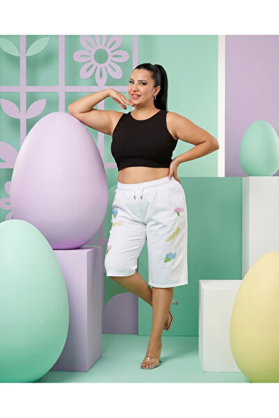 Trieste Large Size Elastic Lace-Up High Waist Stone Embroidered Pocketed Cott...