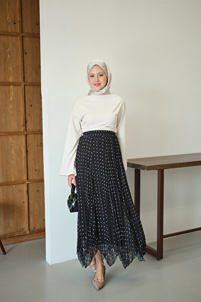 LOCCO Women's Polka Dot Detail Side Tie Chiffon Skirt Black