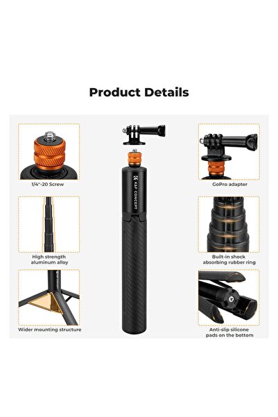 K&F CONCEPT 120CM Görünmez Selfie Çubuğu & Tripod - INSTA360 X3 / X4 / X5 ve Osmo 360 Uyumlu
