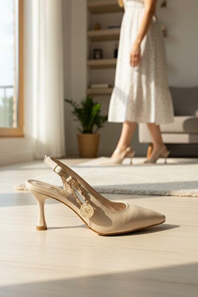 enoch Pointed Toe, Back Strap, and Gold Detailed Mid-Heel Shoes
