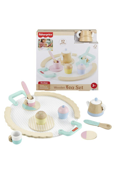 FISHER PRICE Ahşap Çay Seti Okul Öncesi Çağdaki Çocuklar İçin 12 Ahşap Parça ...