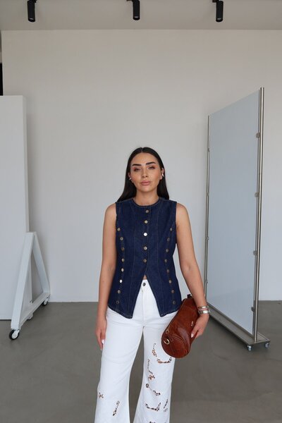 Özge Özgenç Gold Düğmeli Denim Yelek