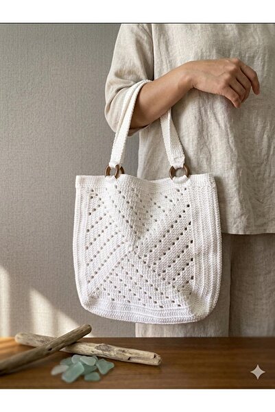 Çağla Accessories Hand Knitted White Shoulder Bag - Bohemian Beach and Casual...