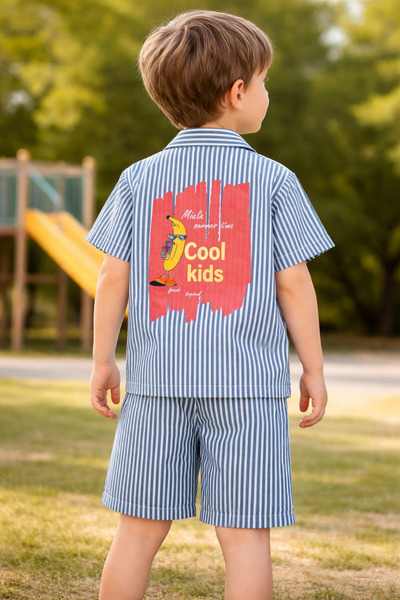 Miela Kids Σετ πουκάμισο και σορτς με ρίγες σε στυλ καρτούν