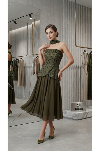 DVNA Dvna Midi Evening Dress in Olive Chiffon Pleated - Crochet Bodice with S...