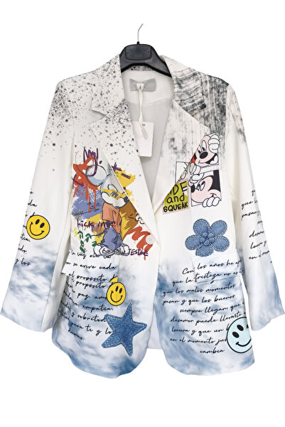 OEM Women's white oversized jacket with Mickey print streetwear, S/M